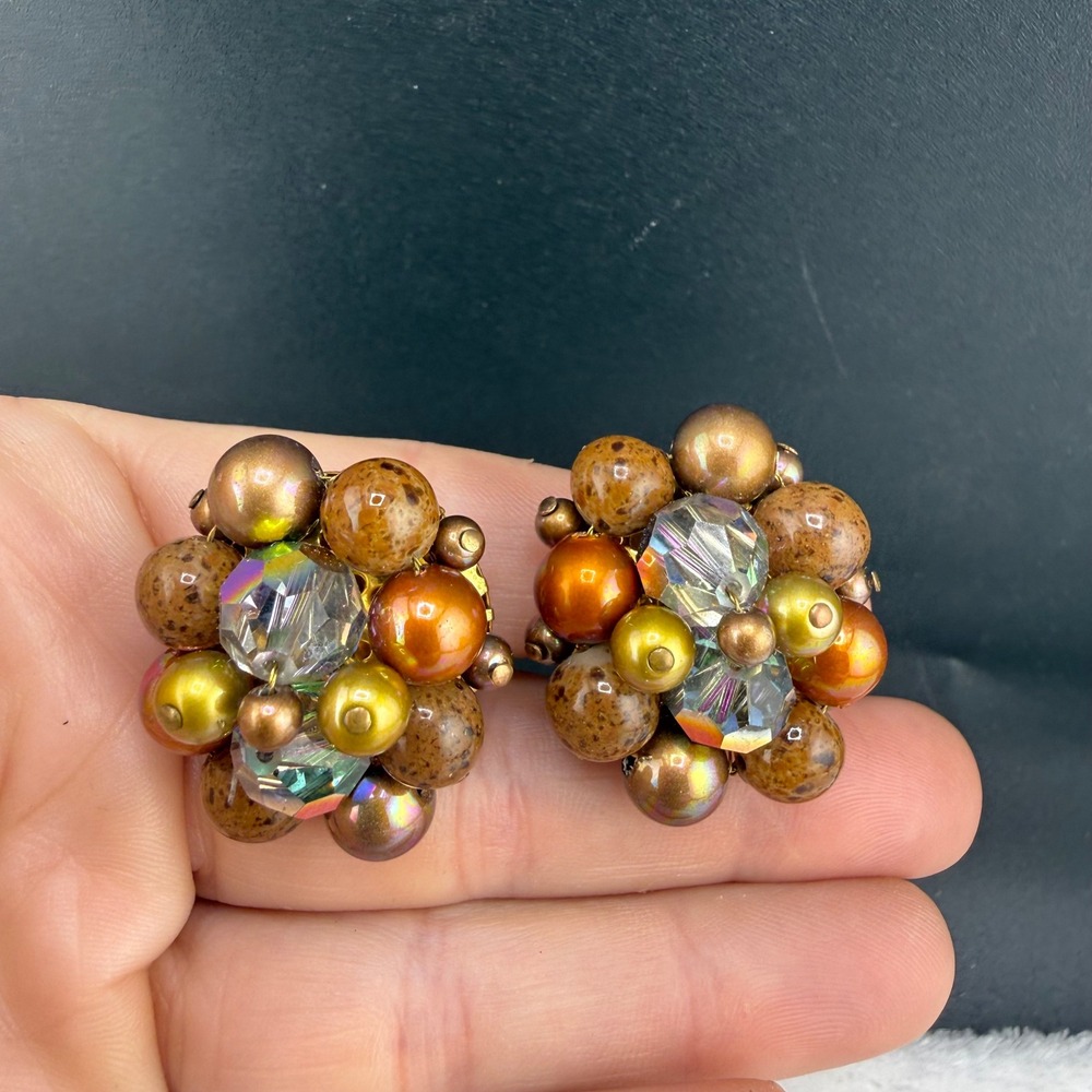 Vintage Kramer Clip On Earrings Bronze Copper Green AB Crystal Cluster